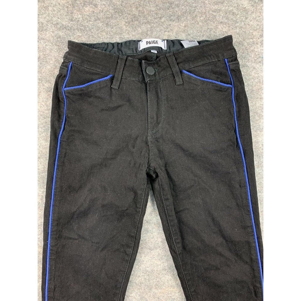 Womens 28 Paige Black Skinny Jeans Pants with Blue Piping Zip Button Pockets - Picture 5 of 12